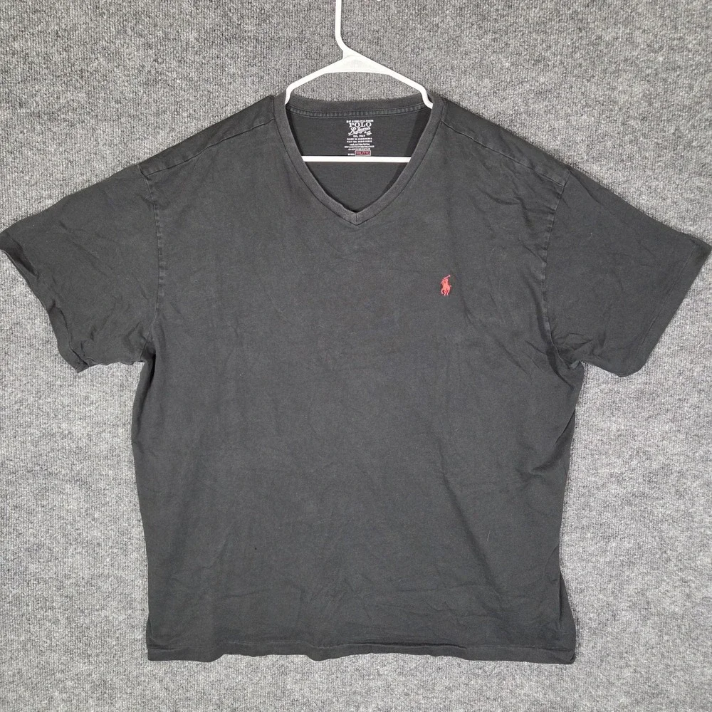 Polo Ralph Lauren Men's Black V-Neck T-Shirt Red Pony Logo Size XXL Cotton Tee